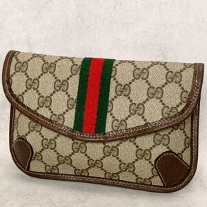 Rare Hard To Find Vintage Gucci Beige Monogram Sheri Lane Pouch Red Green Accent